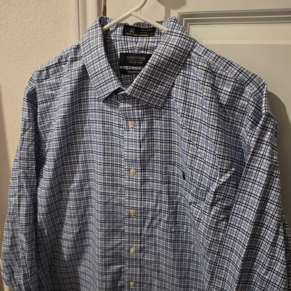 Nordstrom Mens Shop Smartcare Plaid Dress Shirt Blue White 17 34 Traditional Fit